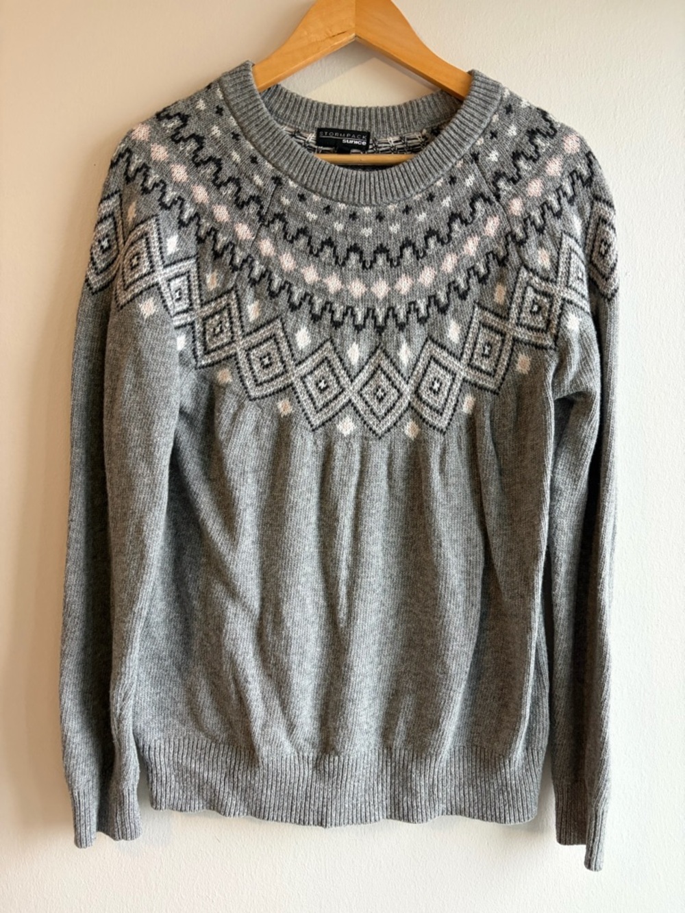 Sunice Gray Fair Isle Knit Pullover with Pink & White Accents - Picture 1 of 5